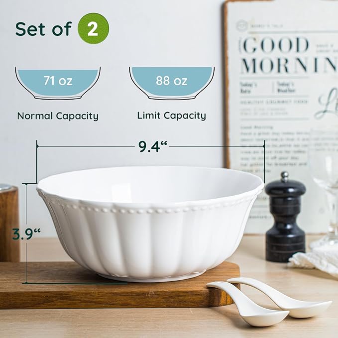 Large Ceramic Soup Bowls, 9.5 Inch Pasta Serving Bowl Dinner Bowls, Microwave Dishwasher Safe Bowl Set of 2