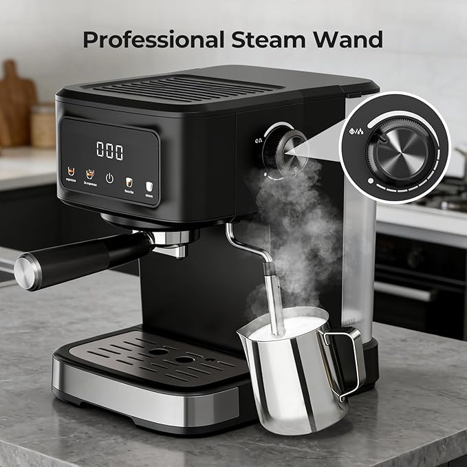 15 Bar Espresso Machine with Milk Frother, Digital Espresso Coffee Maker for Home, 50oz Removable Tank, 45s Quick Heat, Coffee Maker for Cafe-Quality Lattes & Cappuccino