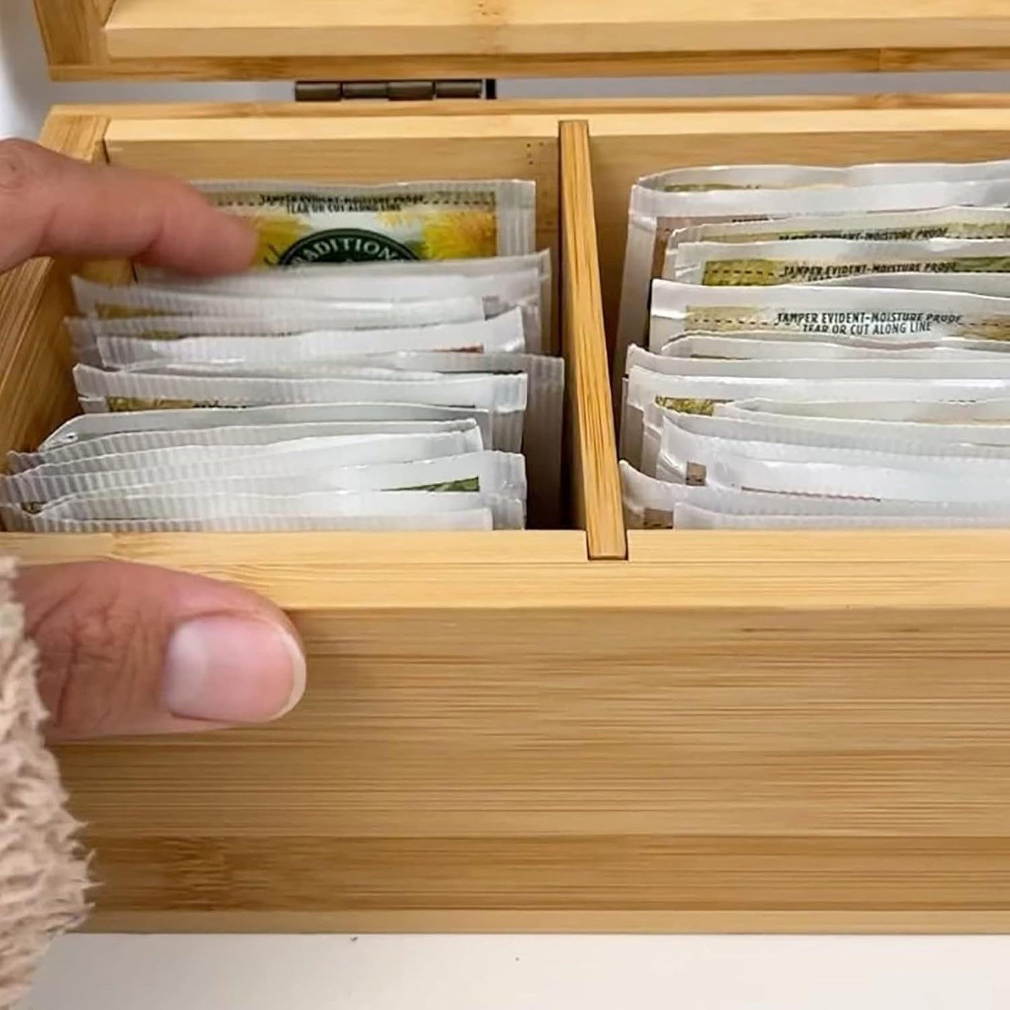 Tea Organizer Box Food Safe Bamboo Wood Chemical Free Big, Tall, Adjustable Cubbies Natural Storage Chest (4-Slot Across 14.3" x 4.4" x 4.2" with Tea Cup design)