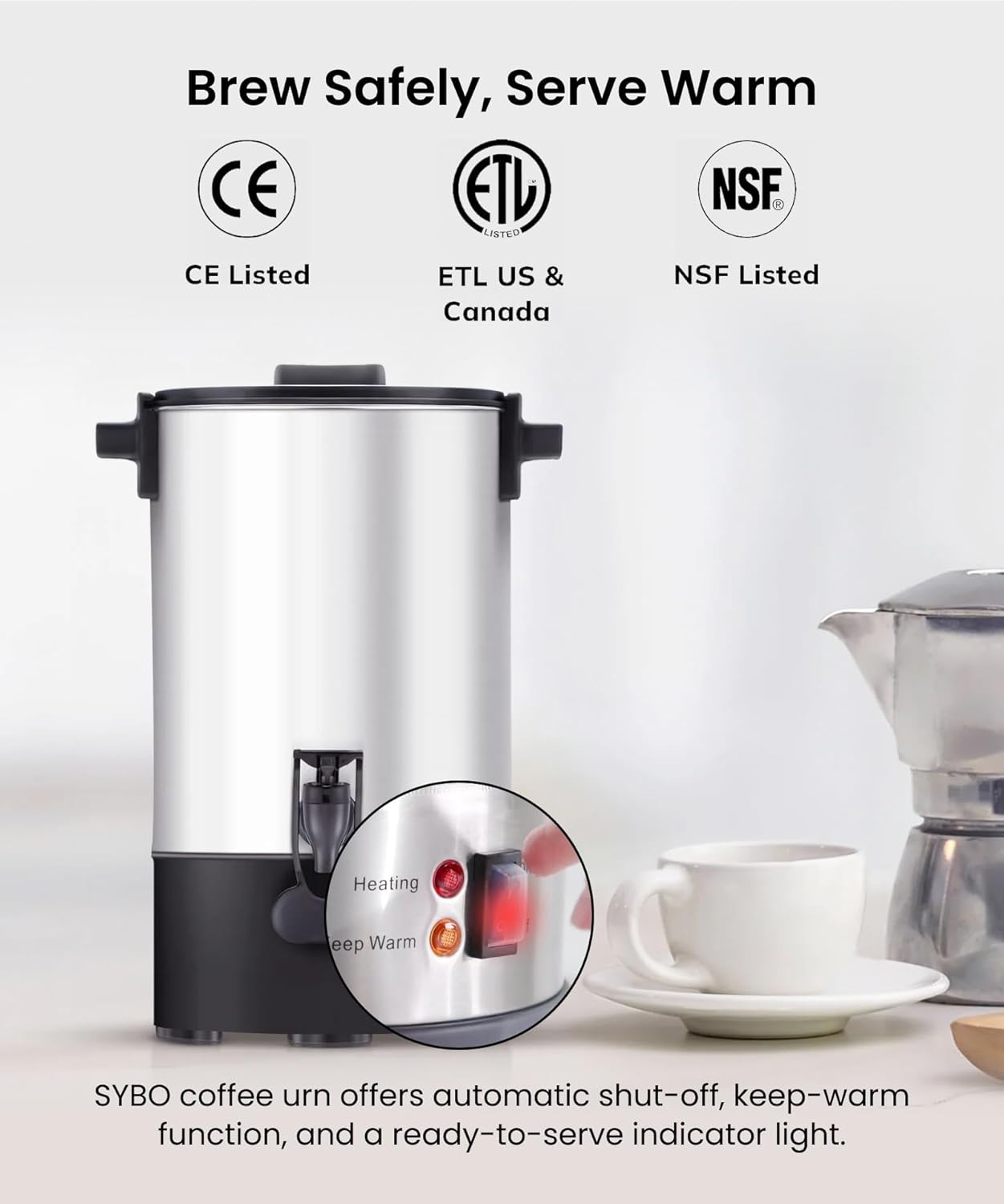 SYBO Commercial Grade Stainless Steel Percolate Coffee Maker, Hot Water Urn for Catering, Hot Beverage Dispenser, 40-Cup, 4.5L, Metallic