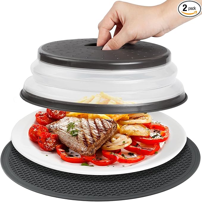 Microwave Splatter Cover & Silicone Mat – Collapsible, Vented, Reusable Food Guard and Plate Cover with Heat-Resistant Trivet for Pots, Pans, and Kitchen Counter, Black
