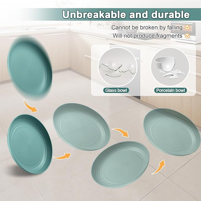 12 Pcs Unbreakable Deep Dinner Plates Set, 10 inch Reusable Plastic Wheat Straw Plates, Microwave and Dishwasher Safe Plate for Kitchen, Lightweight Plate for Dessert, BPA Free, Dark Green