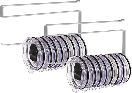 2 Pack Tumbler Lid Organizer, Horizontal Tumbler Lid Storage Hook to Hold Up 20 Lids, Space Saving Cup Lid Holders Under Cabinet Tumbler Lid Hook for Kitchen Organizer, Paper Towel Rack Hanger (Gray)
