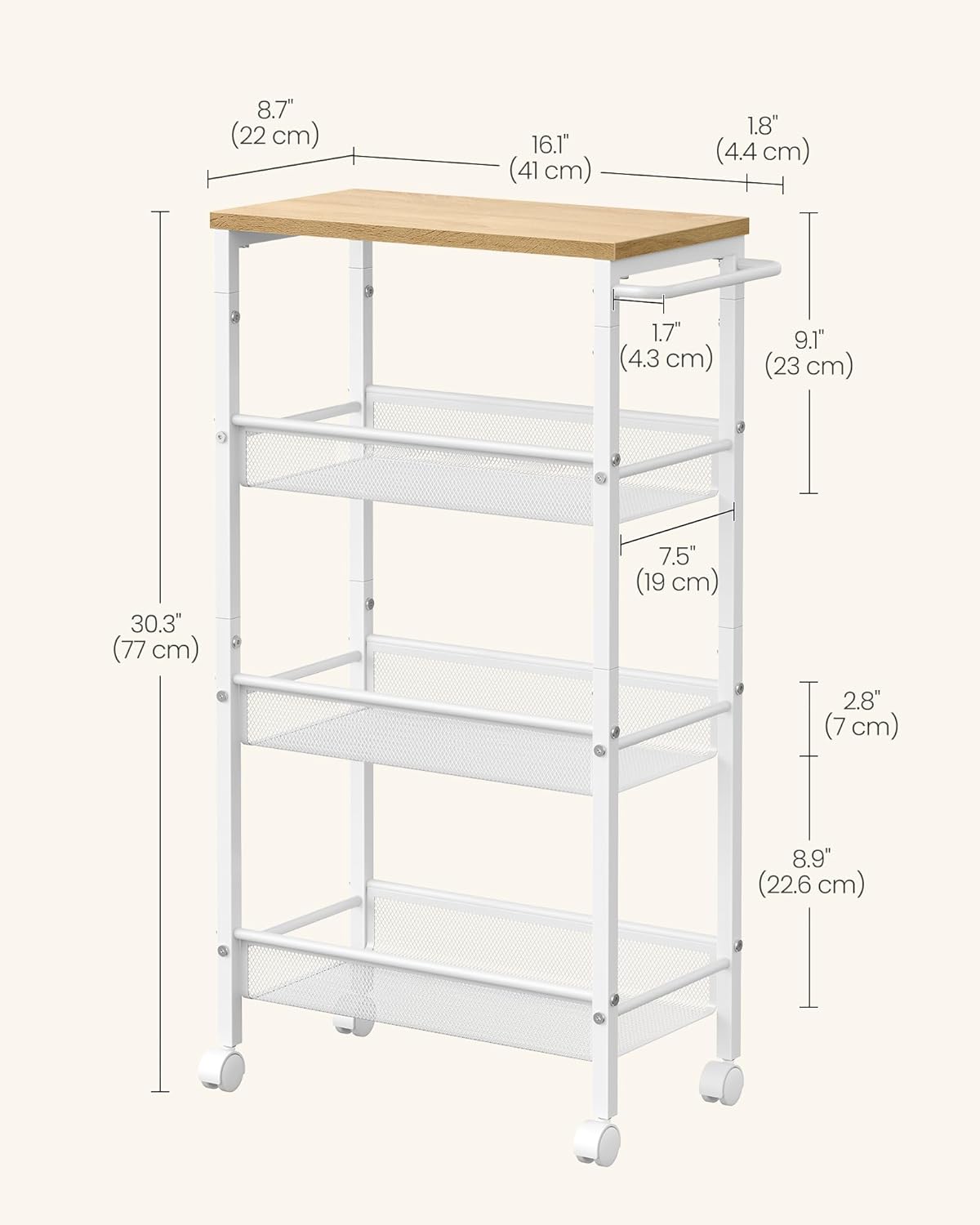 VASAGLE Slim Rolling Cart, 4-Tier Storage Cart, Narrow Cart with Handle, 8.7 Inches Deep, Metal Frame, for Kitchen, Dining Room, Living Room, Home Office, Oak Beige and Classic White ULRC033W09