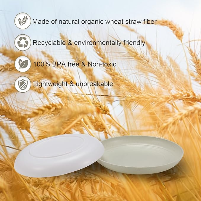 12 Pcs Unbreakable Deep Dinner Plates Set, 10 inch Reusable Plastic Wheat Straw Plates, Microwave and Dishwasher Safe Plate for Kitchen, Lightweight Plate for Dessert, BPA Free, White