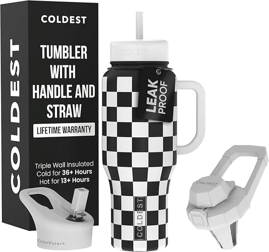 Coldest Tumbler with Handle and Straw - 100% Spill Proof Tumbler with Straw (3 Lids) - Stainless Steel Insulated Leakproof Tumblers for Women & Men - 36 oz (Black and White Checkers)