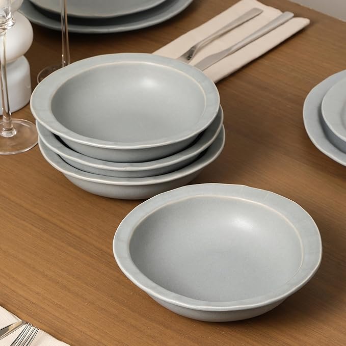 Stone Lain Oasis 12-Piece Dinnerware Set Stoneware, Dishwasher and Microwave Safe Plates and Bowls Set, Dish Set for 4, Grey Blue