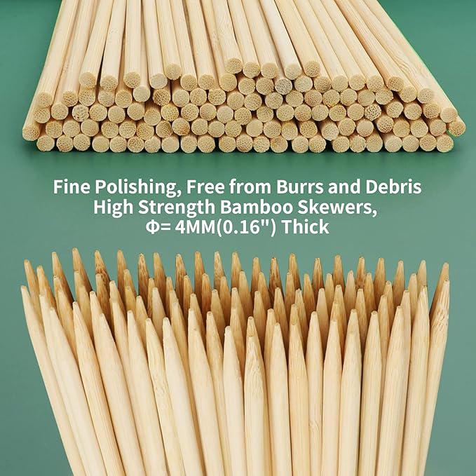 10" Barbecue Skewers, Bamboo Wooden Kabob Skewers for Appetizer, Fruit, Sausage, Chocolate Fountain, Kebob Skewer Stick, Organic Wood Food Sticks for BBQ Grilling, Kitchen (Φ=4mm Thick, 100PCS)