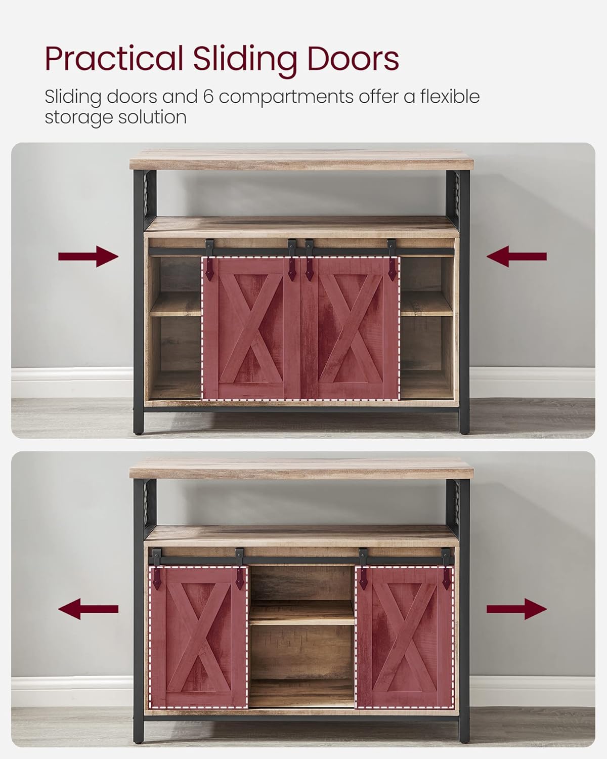 VASAGLE Buffet Cabinet, Coffee Bar Storage Cabinet, Sideboard with 2 Sliding Barn Doors, Adjustable Shelves, 13 x 39.4 x 31.5 Inches, for Living Room, Camel Brown and Ink Black ULSC092B50