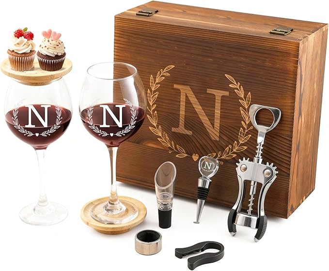 GZLDGIFTS Personalized Initial Wine Glasses Box Gift Set For Women Mom Engraved Birthday Monogrammed Wooden Christmas Gifts Wedding Anniversary Wine Couples Stopper Opener Initial Letterr (N Set)