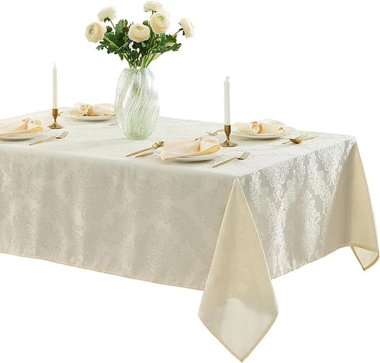 Newbridge Barcelona Luxury Damask Fabric Tablecloth, 52” Wide x 70” Rectangle, Antique White, 100% Polyester, No Iron, Soil Resistant Dining Room, Party and Banquet Table Cover