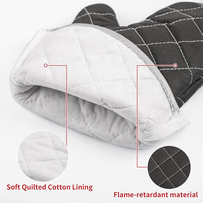Oven Mitts Flame Retardant Mitts Heat Resistant to 425 °F 15 Inch Kitchen Mitt Black Color 2-Pack