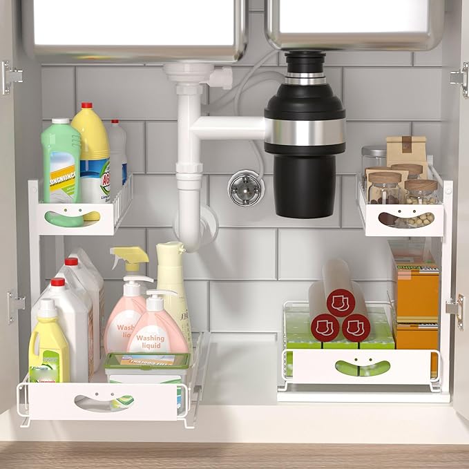 Under Sink Organizer with Pull-Out Drawers,Kitchen Sink Organizer,2 Tier Bathroom Organizers And Storage,Bathroom Accessories Set,White 2 Pack