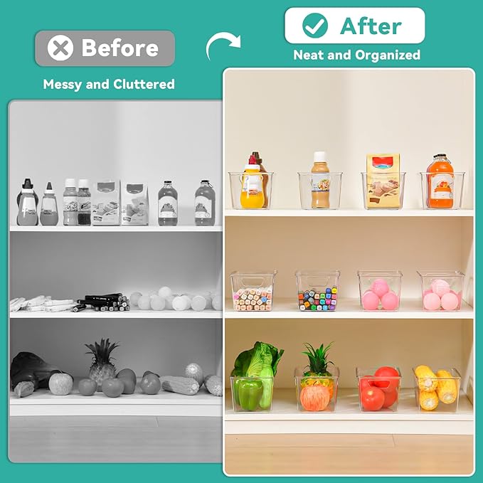 Clear Plastic Storage Bins, 12 Pack Acrylic Pantry Organizer and Storage Bins, Fridge Organizer, Small Plastic Containers Bins with Handles, CabinetOrganizer for Kitchen,Bathroom,Refrigerator,Shelves