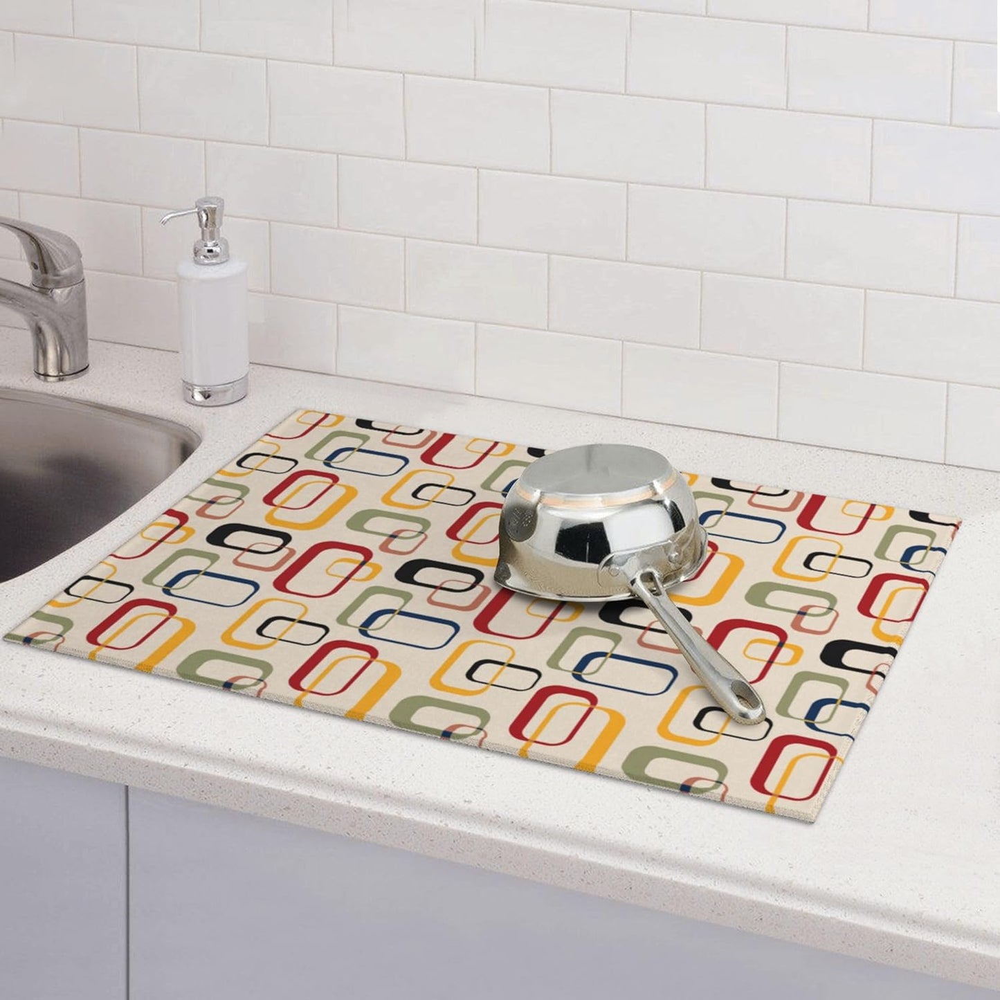Mid Century Modern Retro Kitchen Drying Mat Vintage Decorative Microfiber Dish Drainer Mat for Kitchen Counter Absorbent Reusable Washable 18x24 Inch