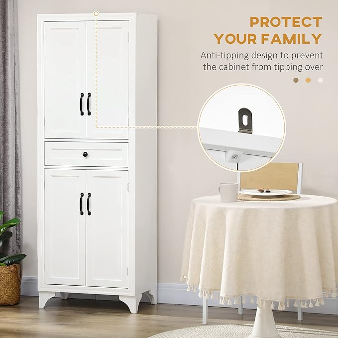 HOMCOM 67" Tall Freestanding Kitchen Pantry Cabinet, 4-Door Storage Cabinet with Drawer and Adjustable Shelves for Dining Room, White