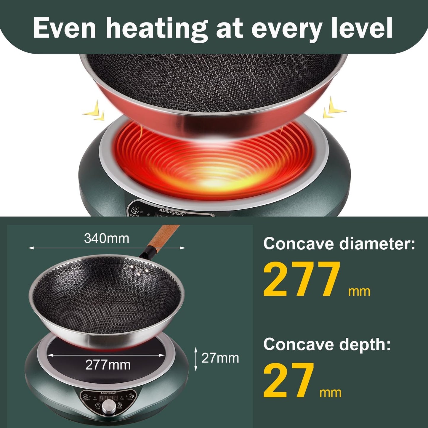Wok Induction Cooktop 1700W 120V Wok Burner Induction Curved Electric Stove Hot Plate With Stainless Steel Pot