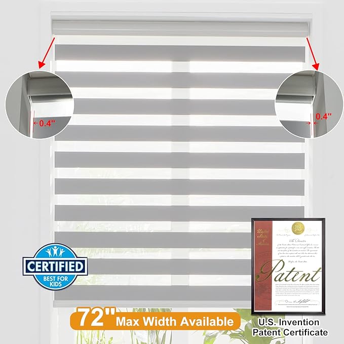 Persilux Zebra Blinds Cordless Blinds for Windows (55" W x 72" H, Grey) Dual Layer Zebra Shades, Light Control for Day and Night, for Home, Office, Bedroom, Living Room…