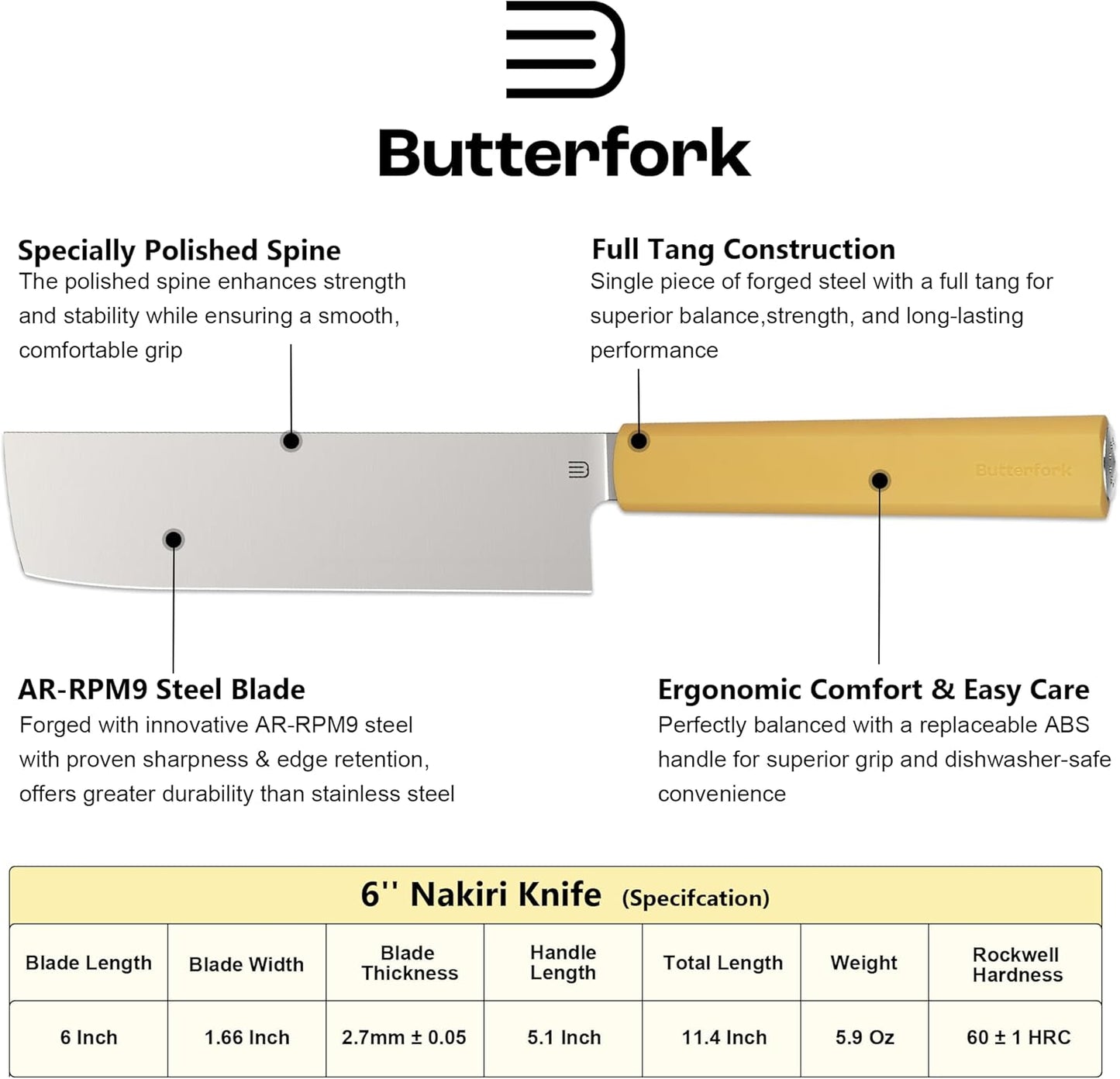 6 Inch Nakiri Knife, Hand Forged AR-RPM9 Steel Blade & Ergonomic Handle, All Purpose Kitchen Cleaver Knife for Meat Vegetable Fruits, Gift for Home Chefs