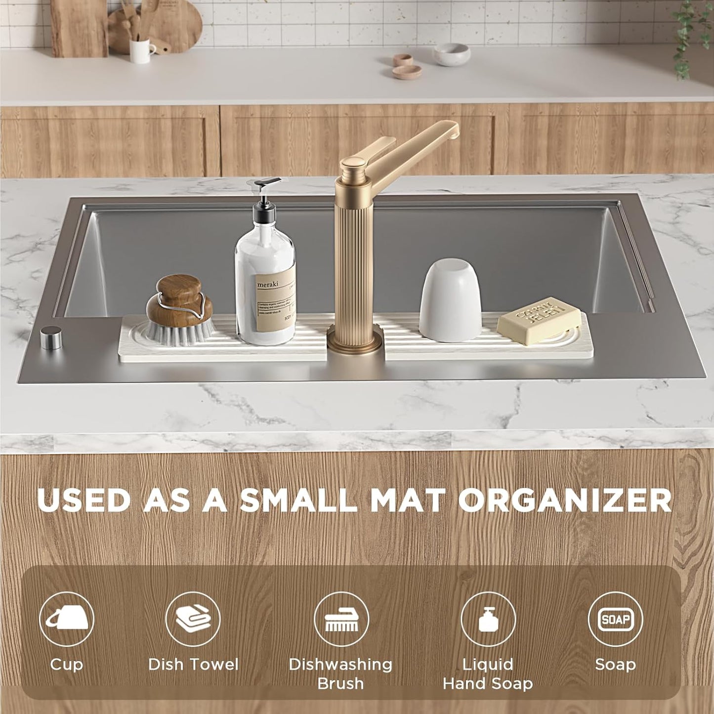 Faucet Mat for Kitchen Sink, Diatomite Stone Drying Sink Protectors, Bathroom Faucet Splash Guard, Quick Dry Water Absorbing, Non-Slip Stone Tray for Kitchen Counter, White, 20" x 3.9"