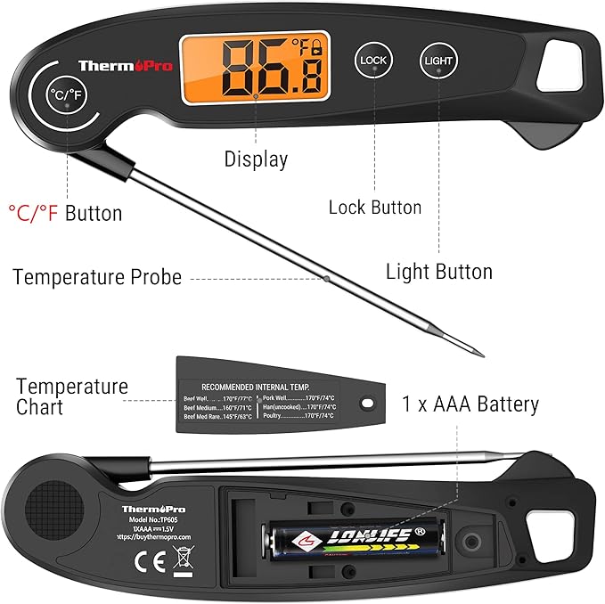 ThermoPro TP605 Instant Read Meat Thermometer Digital for Cooking, Waterproof Food Thermometer with Backlight & Calibration, Digital Probe Cooking Thermometer for Kitchen, Outdoor Grilling and BBQ