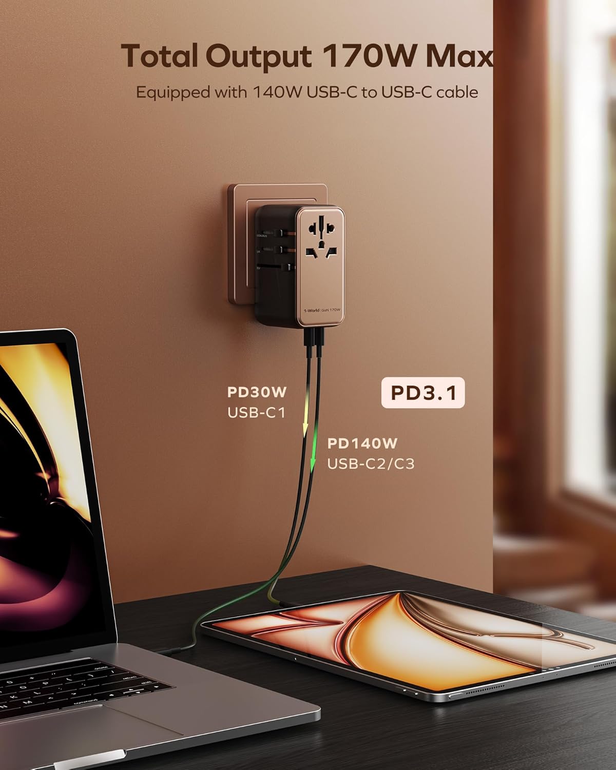 MOMAX Universal Travel Adapter, 170W GaN International Power Adapter, 2 USB-C 2 USB-A, Worldwide Travel Plug Adapter, International Power Adapter for Most Europe, USA, Japan, Australia (Type C/A/G/I)
