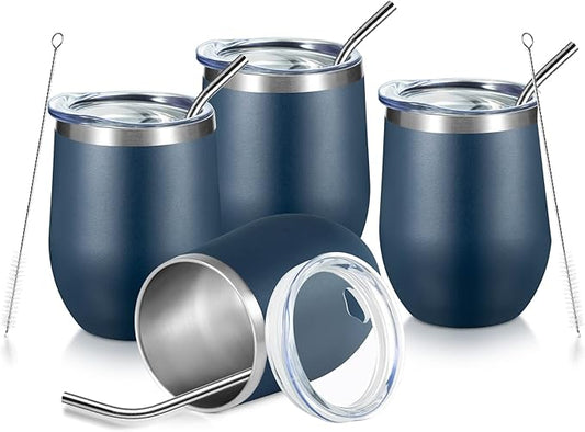 COMOOO Stainless Steel Wine Tumbler 4 Pack with Lid and Straw 12oz Double Wall Vacuum Insulated Wine GlassTumbler Cup for Hot and Cold Drinks, Coffee, Wine, Cocktails, Navy, 4 Pack