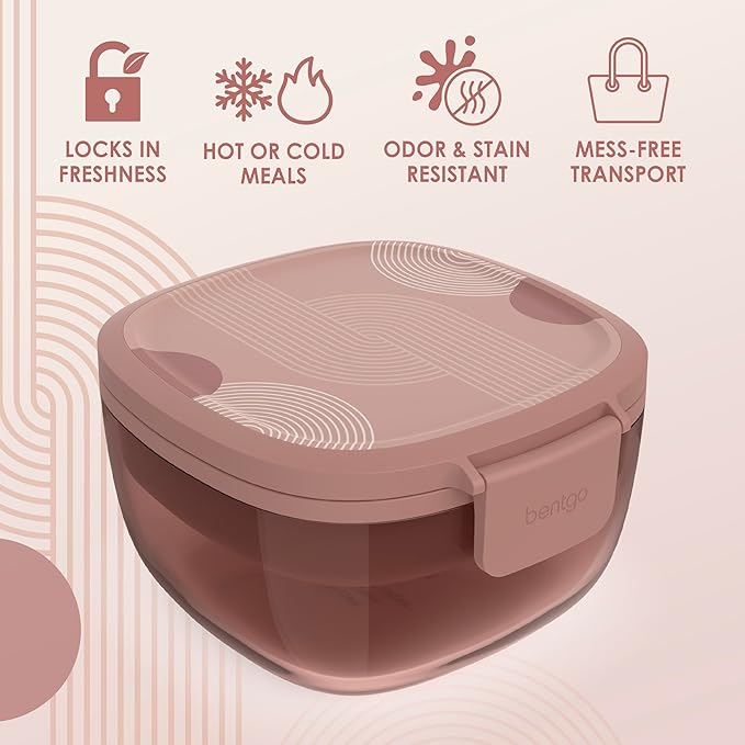 Bentgo Glass Prints All-in-One Salad Container - 61oz Tinted Glass Salad Bowl with Lid, Bento-Style Tray, Sauce Container, & Reusable Fork - Dishwasher & Microwave Safe (Mod Curve - Desert Rose)