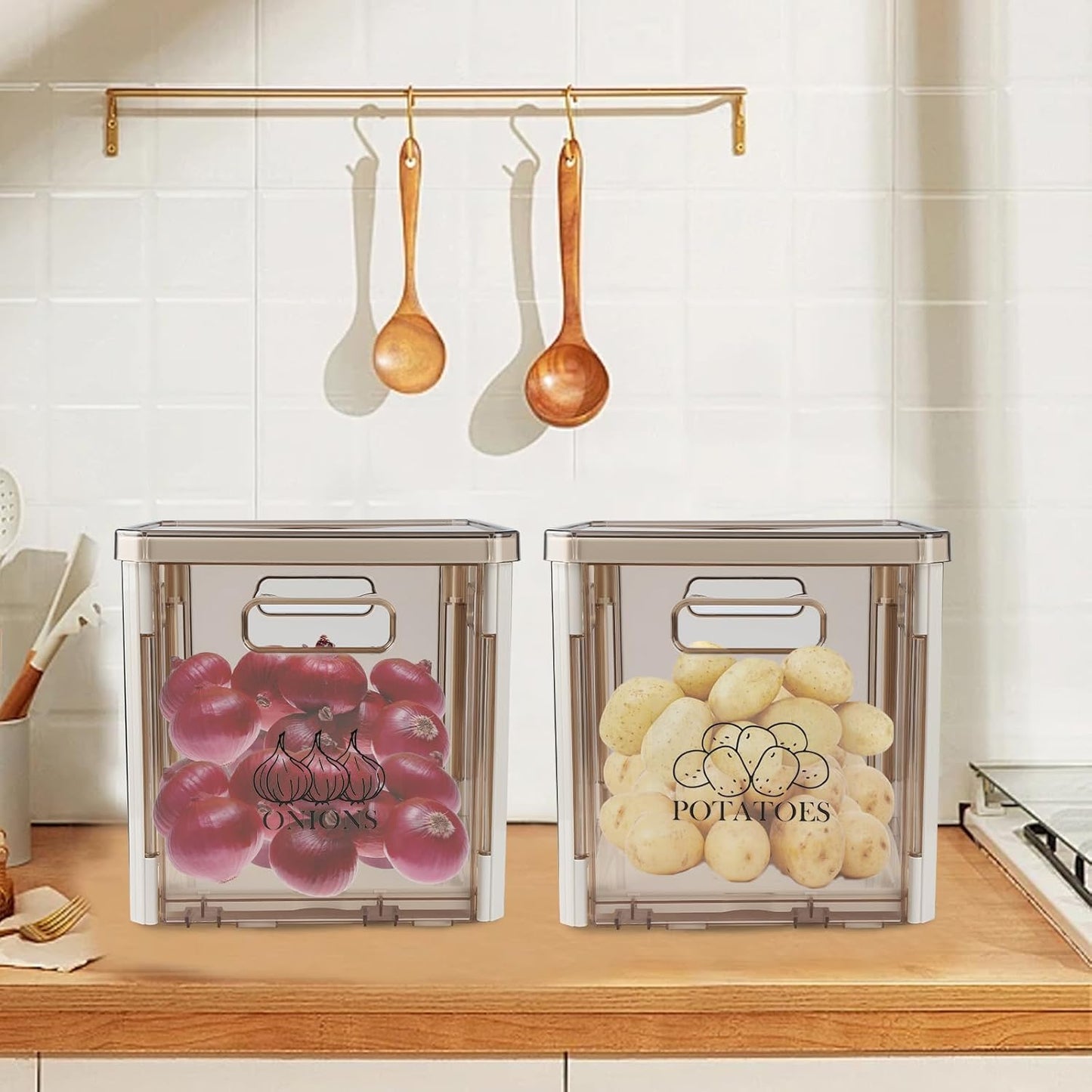 Potato and Onion Storage, Clear Plastic Potato Bin Onion Holder with Lid and Handle, Stackable Vegetable Bin for Pantry Organizers and Storage, BPA Free, Set of 2