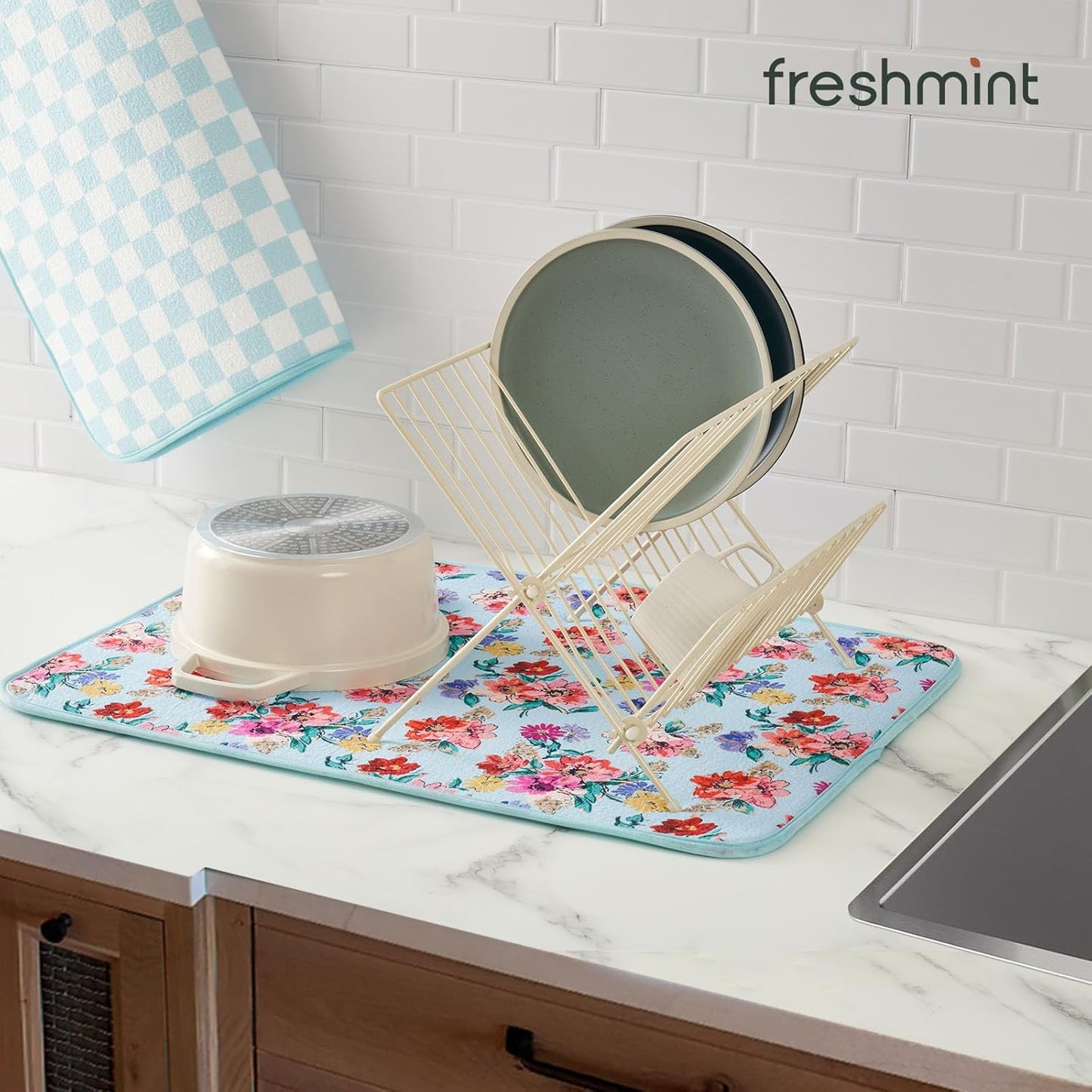 FRESHMINT Printed Dish Drying Mats for Kitchen Counter 2 Pack Absorbent Reversible Drying Mats Microfiber Kitchen Countertop Protector Dishes Drying Pad Extra Large 18"x24" Dish Mat