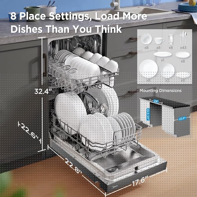 Midea MDF18A1ABB Built-in Dishwasher with 8 Place Settings, 6 Washing Programs, Stainless Steel Tub, Heated Dry, Energy Star, Black