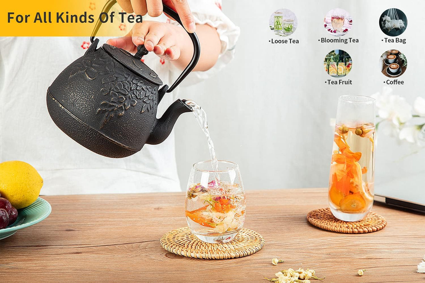 Tea Kettle, TOPTIER Japanese Cast Iron Teapot with Infuser, Leaf Design Cast Iron Tea Pot Stovetop Safe Coated with Enameled Interior for 40 Ounce (1200 ml), Dark Green