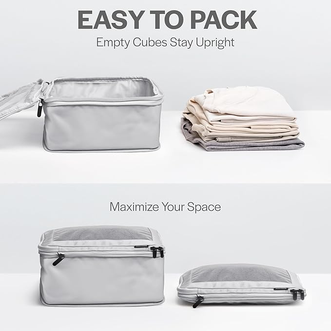 Aerotrunk Compression Packing Cubes for Travel - Luggage Organizer Bags - Double Zipper Packing Cubes for Suitcases (6-Pack, Light Grey)