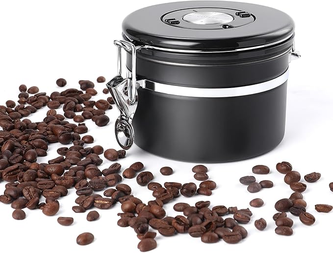 Coffee Canister, Airtight Coffee Container with Date Tracker Lid, Stainless Steel Canister for Kitchen Food Storage (Black, 9oz)
