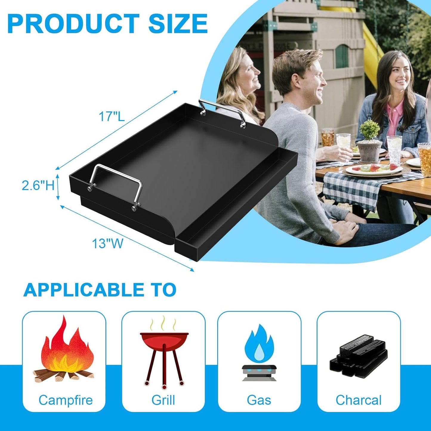 Nonstick Grill Griddle for Most Gas Grill 17" x 13" Universal Flat Top Cooking Plate Insert for Charcoal/Gas/Electric Oven with Grease Groove and Removable Handles