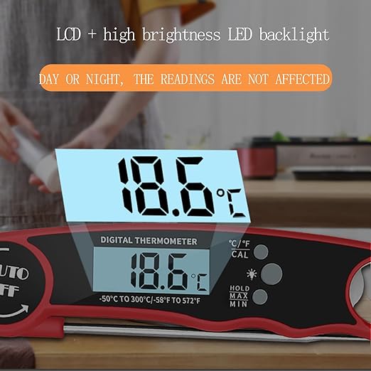 Meat Thermometer Digital, Instant Read Food Thermometer for Grilling and Cooking, Waterproof Kitchen Probe with Backlight for Home, Outdoor Grilling and BBQ