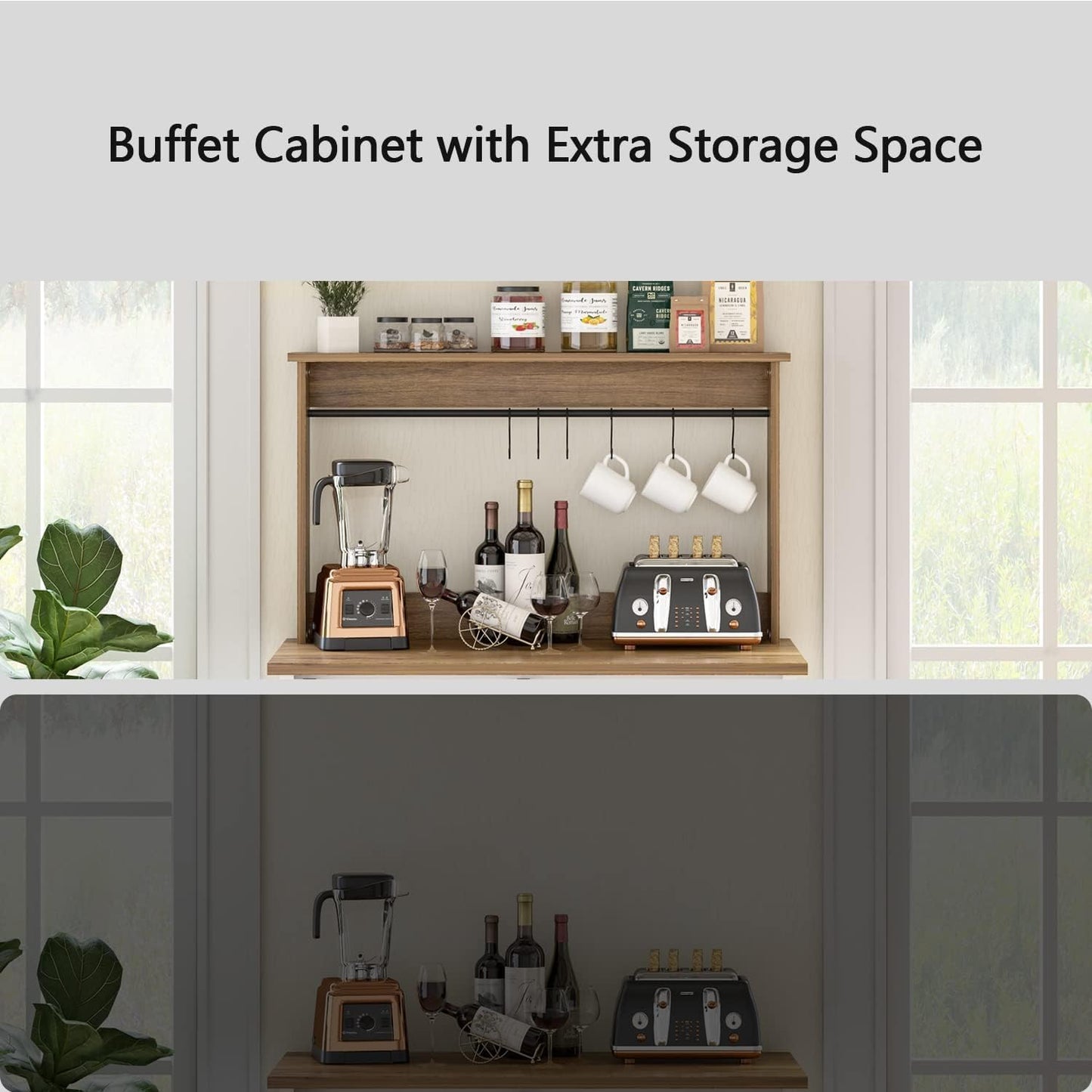 Farmhouse Coffee Bar with Hutch, White Coffee Bar Cabinet with Storage Sliding Barn Door, 31 Inch Buffet Cabinet with 6 Hooks, Coffee Bar Table with Adjustable Shelves for Living Dining Room