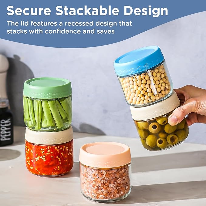 DRKIO 10 Oz Overnight Oats Containers with Lids - 4 Pack Glass Storage Jars with Airtight Lids Wide Mouth Mason Food Jars Great for Meal Prep Salad Chia Pudding Snacks Yogurt Sugar Spice Cereal