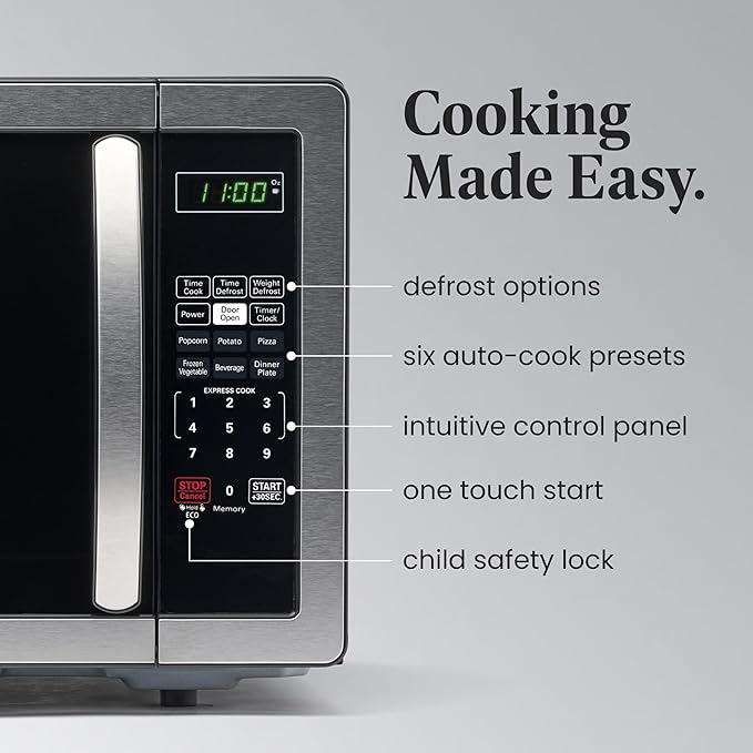 Farberware 1.1 Cu. Ft. Countertop Microwave Oven – 1000 Watts Power, Auto Cook Settings, Defrost, Easy Clean and Child Safety Lock - Stainless