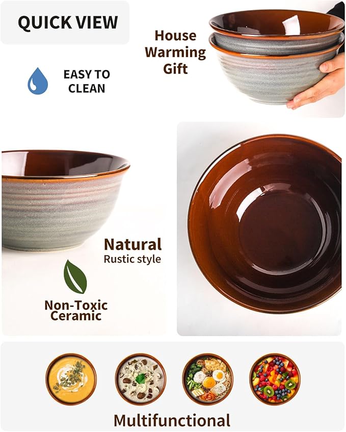 Hasense Serving Bowls, 84 Ounce Ceramic Serving Dishes for Salad Pasta Soup Pho, 9 Inch Mixing Bowls for Baking, Cooking, Kitchen, Party，Dinner, Microwave Dishwasher Safe, Set of 2, Light Grey