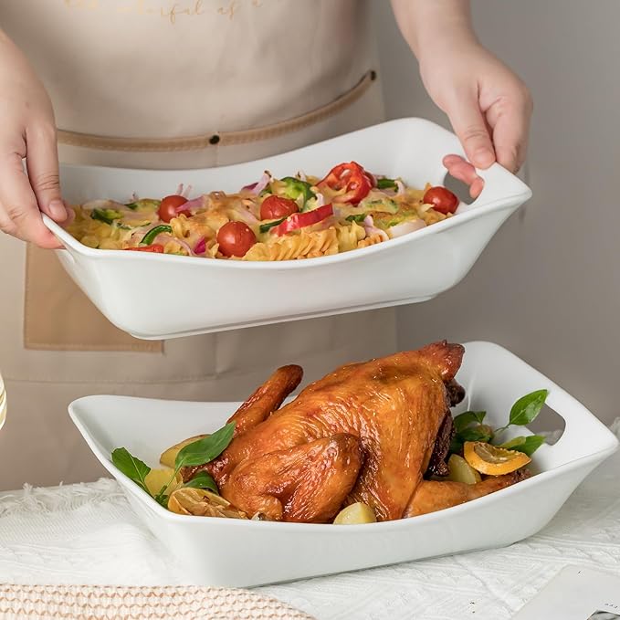 YHOSSEUN Large Serving Bowls with Handles White Serving Dishes For Entertaining, 1.5 Quarts Ceramic Bowl Set Rectangle Serving Platter for Thanksgiving, 2 Pack