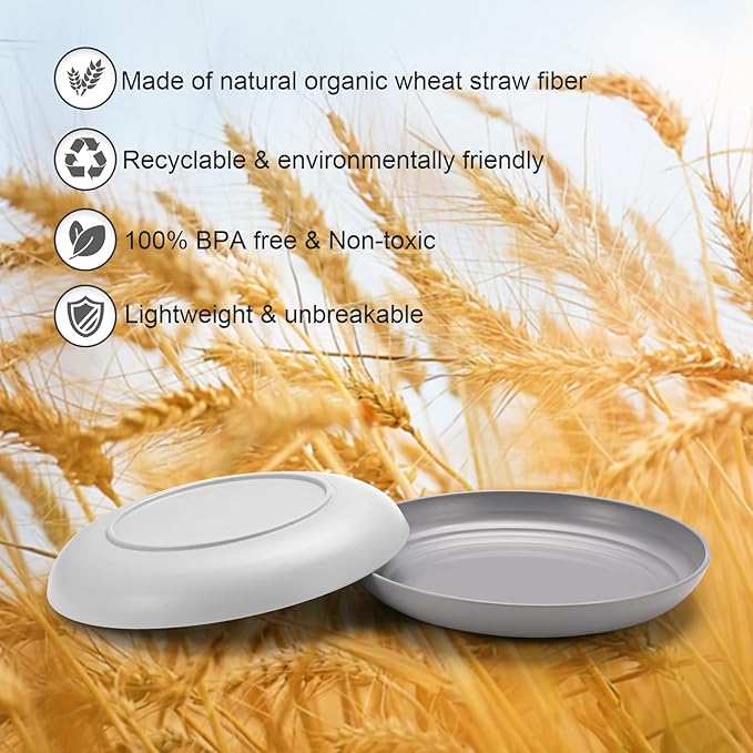 12 Pcs Unbreakable Deep Dessert Plates Set, 8 inch Reusable Plastic Wheat Straw Plates, Microwave and Dishwasher Safe Plate for Kitchen, Lightweight Plate for Dessert, BPA Free, Dark Gray