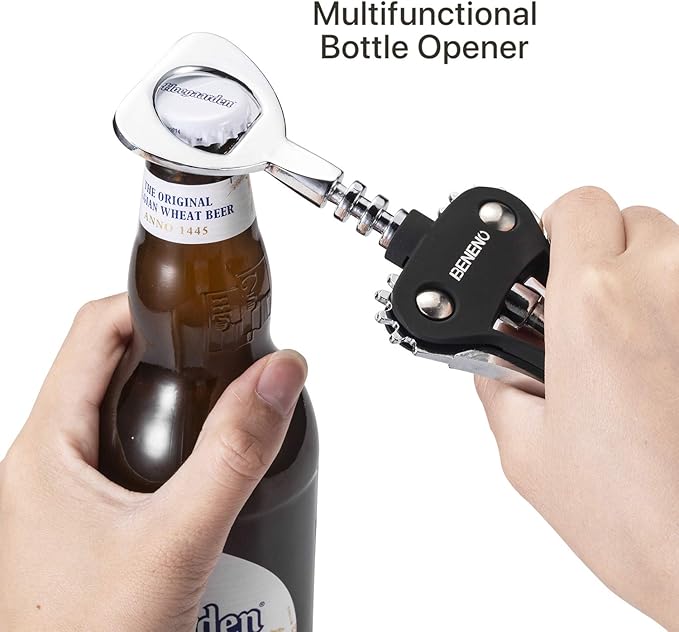Beneno Wine Opener, Zinc Alloy Premium Wing Corkscrew with Multifunctional Bottles Opener, Sharp Wine Corkscrew with Ergonomic Non-Slip Wing Handle, Upgrade Black
