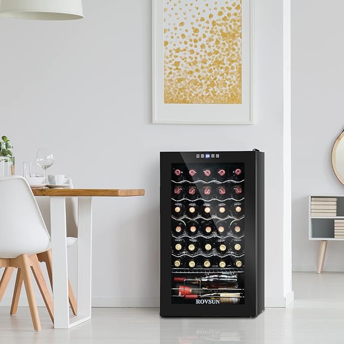 ROVSUN 34 Bottle Wine Cooler Refrigerator, Freestanding Compressor Wine Chiller, Beverage Wine Fridge with Digital Temperature Control & Double-layer Glass Door for Red White Wine, Champagne, Beer