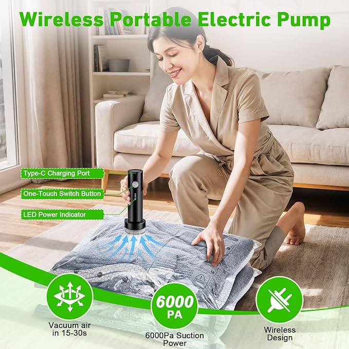 Vacuum Seal Bags for Clothing with Wireless Electric Pump - Travel & Home Use, 15 Pack Ideal Space Saver Vacuum Storage Bags, Travel Vacuum Bags for Luggage