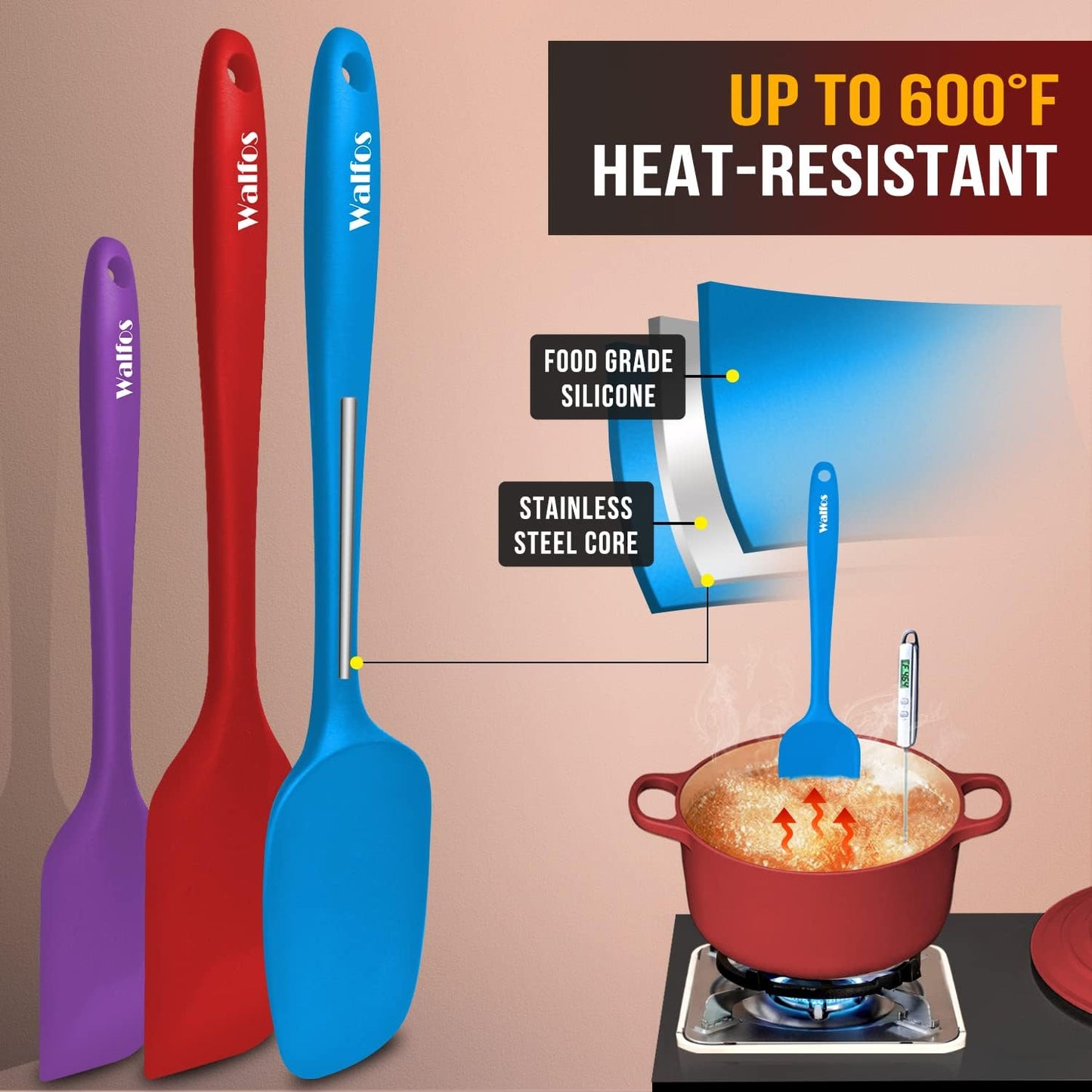 Walfos Silicone Spatula Set of 4(600°F）,Heat Resistant Kitchen Silicone Scraper Spatulas, Strong Steel Core and One-Pieces Seamless Design, For Cooking Mixing & Baking,BPA Free & Dishwasher Safe