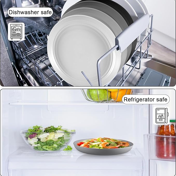 12 Pcs Unbreakable Deep Dinner Plates Set, 9 inch Reusable Plastic Wheat Straw Plates, Microwave and Dishwasher Safe Plate for Kitchen, Lightweight Plate for Dessert, BPA Free, Light Gray