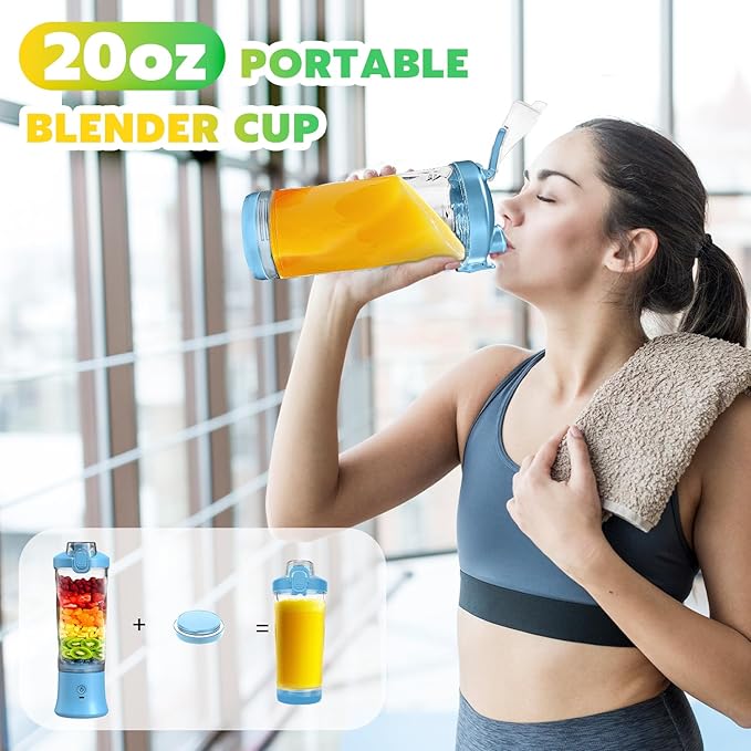 Portable Blender Personal Juicer for Shakes and Smoothies - 20 OZ Electric Protein Shaker Bottle with Insulated Sleeve, Travel Lid, USB-C Rechargeable - Mini Small Blender Cup for Kitchen, Office, Gym