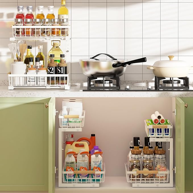 REALINN Under Sink Organizer, Height Adjustable Under Sink Organizers and Storage, 2 Tier Pull Out Drawer Cabinet Storage for Kitchen Bathroom, 2 Pack, White