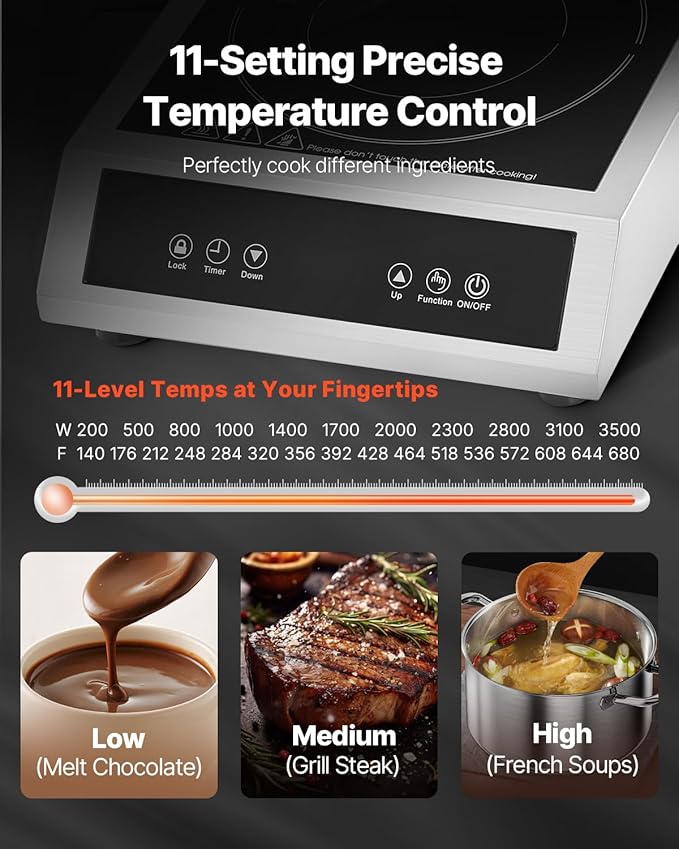 VEVOR Induction Cooktop, 3500W Commercial Induction Burner with 11-Level Temperature, Stainless Steel Countertop Induction Hot Plate with 3H Timer, Child Lock for Restaurant (6-15P Plug, 6-20R Outlet)